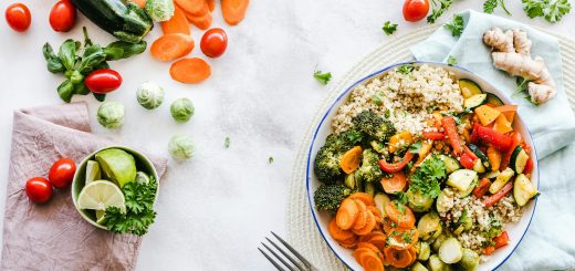 Colorful quinoa salad with fresh vegetables creates a healthy, balanced meal.